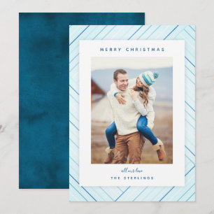 Cartes Pour Fêtes Annuelles Elégante Bleu Stripes Photo Famille