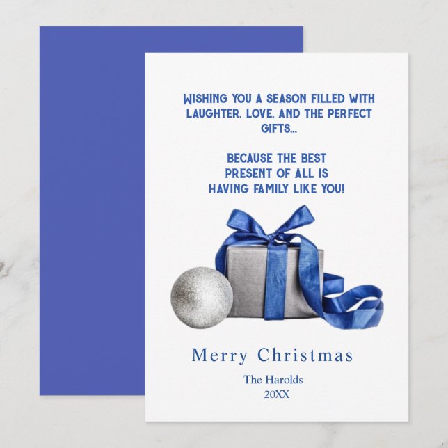 Cartes Pour Fêtes Annuelles Élégante boîte cadeau de Noël avec ruban bleu (Devant / Derrière)