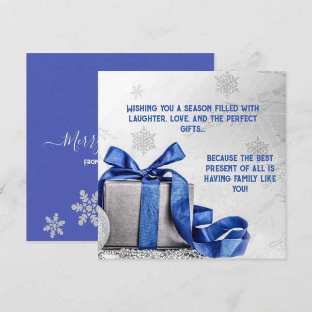 Cartes Pour Fêtes Annuelles Élégante boîte cadeau de Noël avec ruban bleu (Devant / Derrière)