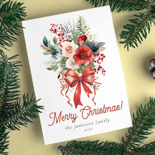 Cartes Pour Fêtes Annuelles Elégante Bow et Bouquet rouge aquarelle Noël