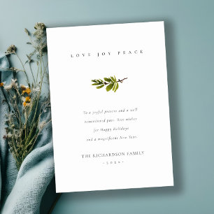 Cartes Pour Fêtes Annuelles Élégante Branche minimale de pin Noël Amour & Paix