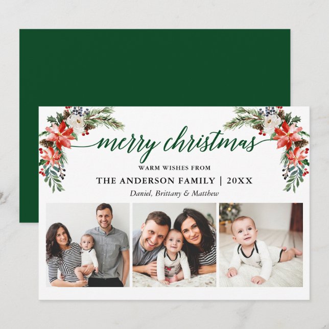 Cartes Pour Fêtes Annuelles Élégante calligraphie Aquarelle hiver Floral Vert (Devant / Derrière)