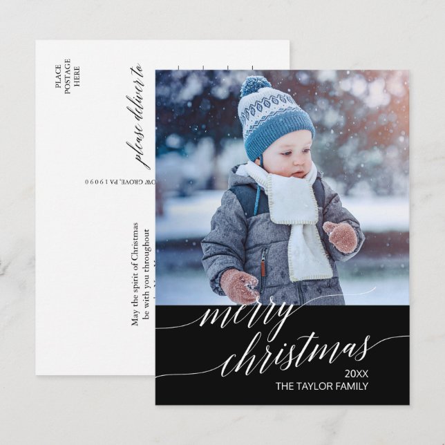 Cartes Pour Fêtes Annuelles Élégante calligraphie foncée Joyeuse photo de Noël (Devant / Derrière)