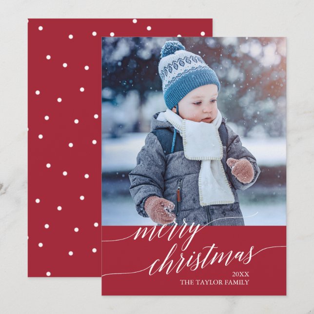 Cartes Pour Fêtes Annuelles Élégante calligraphie rouge Joyeux Noël Photo (Devant / Derrière)