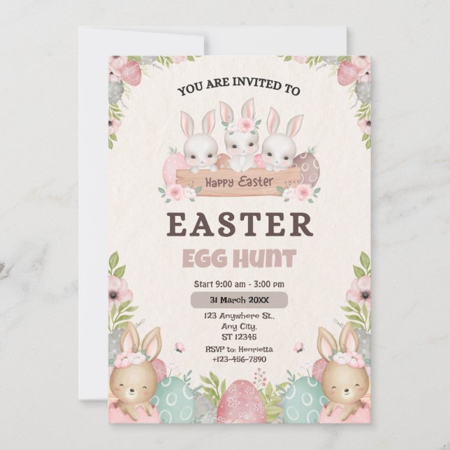 Cartes Pour Fêtes Annuelles Elégante chasse aux oeufs de Pâques : une invitati (Devant)