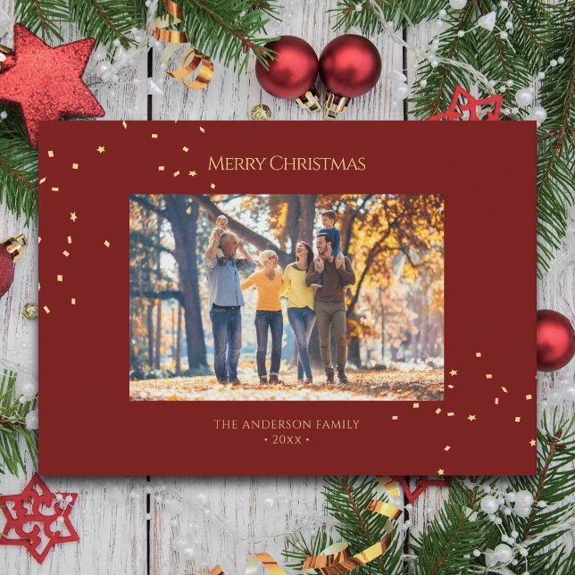 Cartes Pour Fêtes Annuelles Elégante Confetti Rouge & Or Joyeux Noël Photo (Créateur téléchargé)