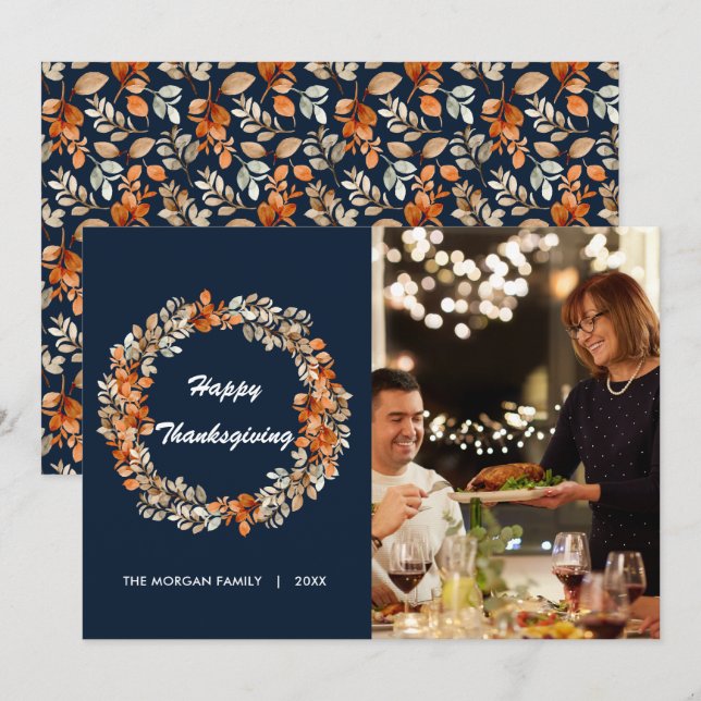 Cartes Pour Fêtes Annuelles Élégante couronne d'automne Feuilles Thanksgiving  (Devant / Derrière)