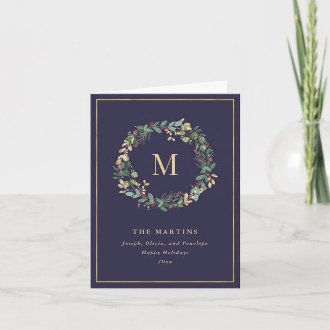 Cartes Pour Fêtes Annuelles Élégante couronne de Noël doré avec monogramme (Devant)