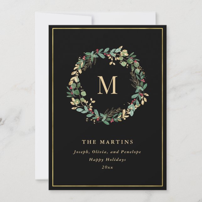 Cartes Pour Fêtes Annuelles Élégante couronne de Noël doré avec monogramme (Devant)