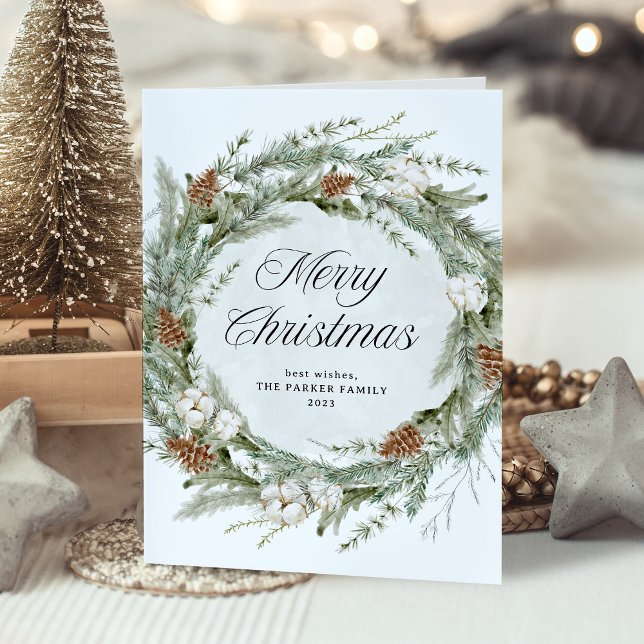 Cartes Pour Fêtes Annuelles Elégante couronne de pin et verdure | Joyeux Noël (An elegant holiday card with a traditional Christmas wreath and script)