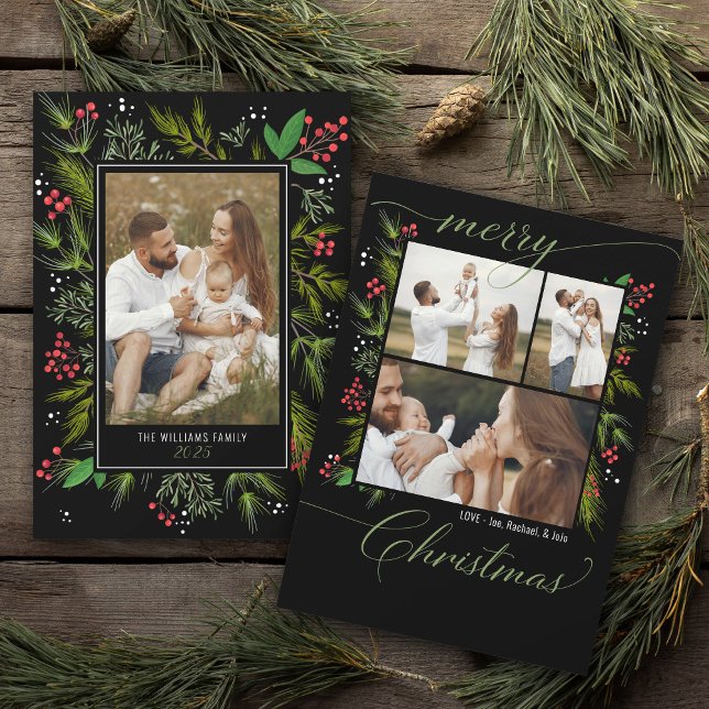 Cartes Pour Fêtes Annuelles Élégante couronne de verdure noire 4 Photo Noël (Elegant black and white, red, green Merry Christmas botanical greenery wreath 4 photo holiday card)