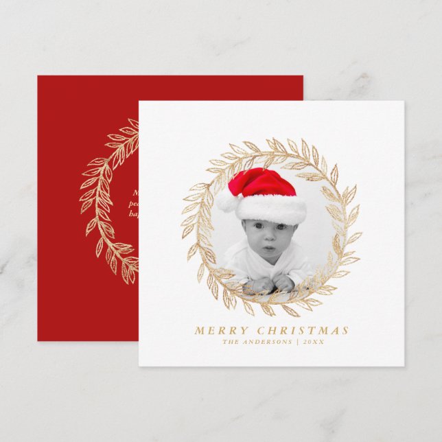 Cartes Pour Fêtes Annuelles Élégante couronne d'or Joyeux Noël Photo personnal (Devant / Derrière)