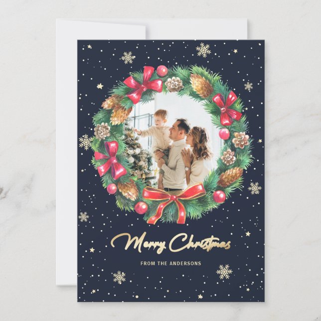 Cartes Pour Fêtes Annuelles Elégante couronne or bleu photo Noël (Devant)