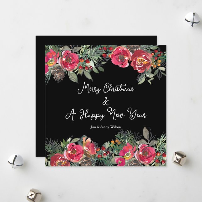 Cartes Pour Fêtes Annuelles Élégante Fleurs de Noël Rouge Arrière - plan noir (Devant/Arrière en situation)