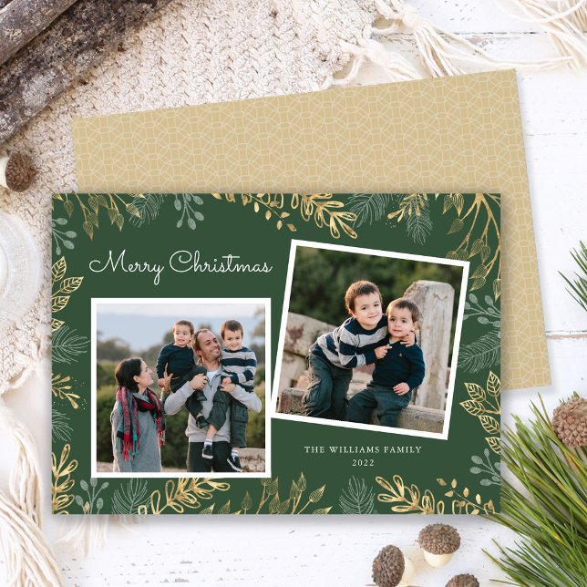 Cartes Pour Fêtes Annuelles Elégante Gold Green 2 Photos Joyeuses Vacances (Créateur téléchargé)