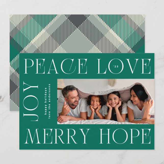 Cartes Pour Fêtes Annuelles Elégante Green Letters Joyeux JOIE PAIX LOVE photo (Devant / Derrière)