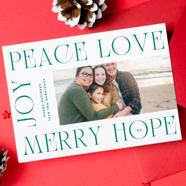 Cartes Pour Fêtes Annuelles Elégante Green Letters Joyeux JOIE PAIX LOVE photo (Créateur téléchargé)