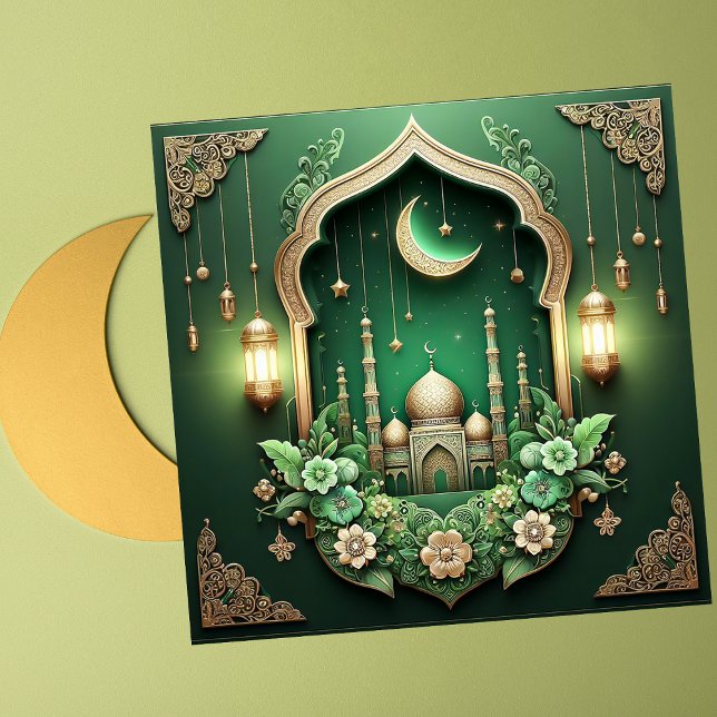 Cartes Pour Fêtes Annuelles Elégante Mosquée du Croissant Moubarak Vert Floral (Créateur téléchargé)