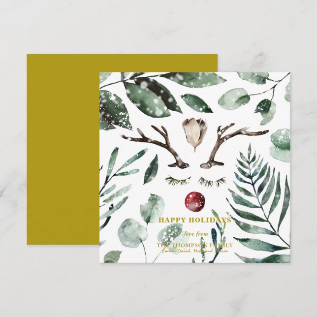 Cartes Pour Fêtes Annuelles Elégante Neige Or Superposition Aquarelle Verdure (Devant / Derrière)