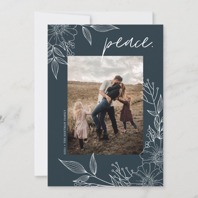 Cartes Pour Fêtes Annuelles Elégante Paix Noël Floral Photo Bleue (Devant)