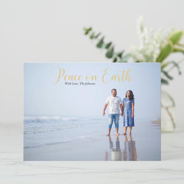 Cartes Pour Fêtes Annuelles Elégante Paix sur Terre Holiday Photo Gold (Debout devant)