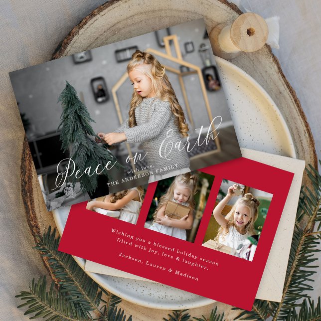 Cartes Pour Fêtes Annuelles Elégante Paix sur Terre Script Red 4 Photo (Créateur téléchargé)