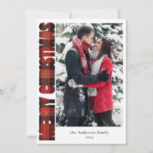 Cartes Pour Fêtes Annuelles Élégante photo de famille Rouge Plaid Joyeux Noël