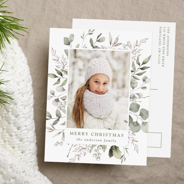 Cartes Pour Fêtes Annuelles Élégante photo de feuillage hivernal et de neiges (Créateur téléchargé)