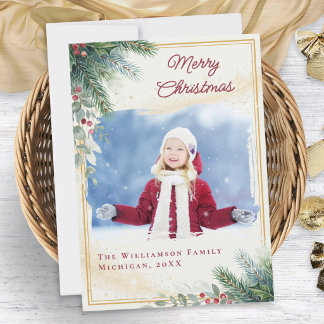 Cartes Pour Fêtes Annuelles Élégante photo de Noël à l'aquarelle avec verdure