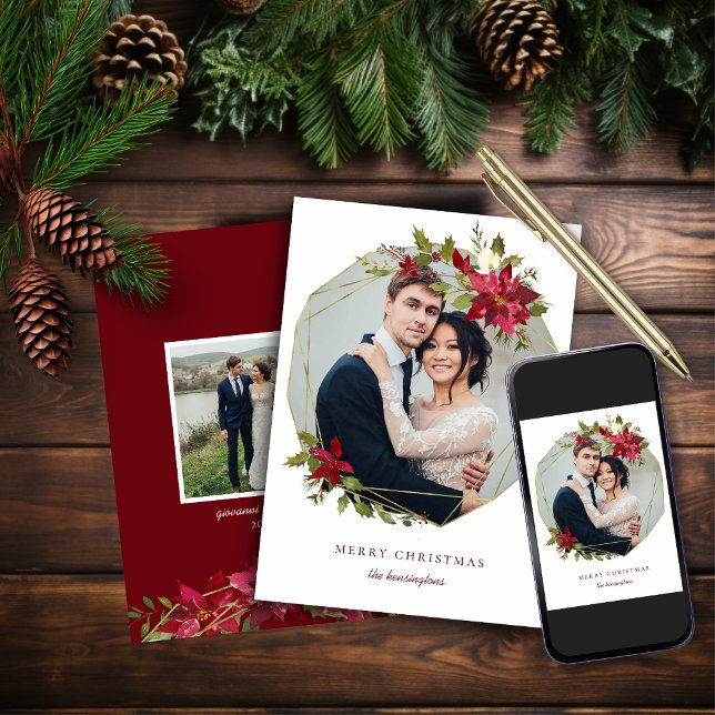 Cartes Pour Fêtes Annuelles Élégante photo de Noël géométrique Wreath Holiday (Elegant Christmas Geometric Wreath Holiday Photo Card)