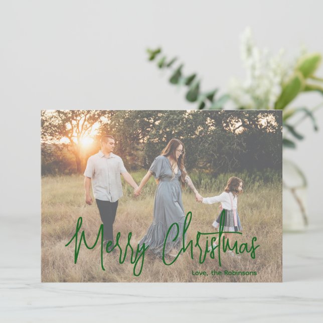 Cartes Pour Fêtes Annuelles Élégante photo de script vert Noël moderne (Debout devant)