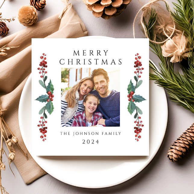 Cartes Pour Fêtes Annuelles Élégante photo de verdure de Noël (Elegant Christmas Greenery Photo Holiday Card)
