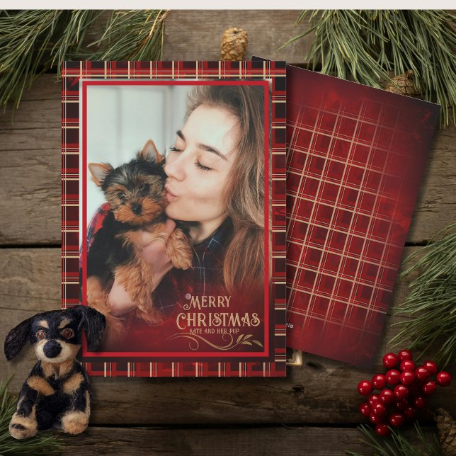 Cartes Pour Fêtes Annuelles Elégante photo plaid OR ROUGE Joyeux Noël (Elegant Plaid Photo RED GOLD Merry Christmas Holiday Card)