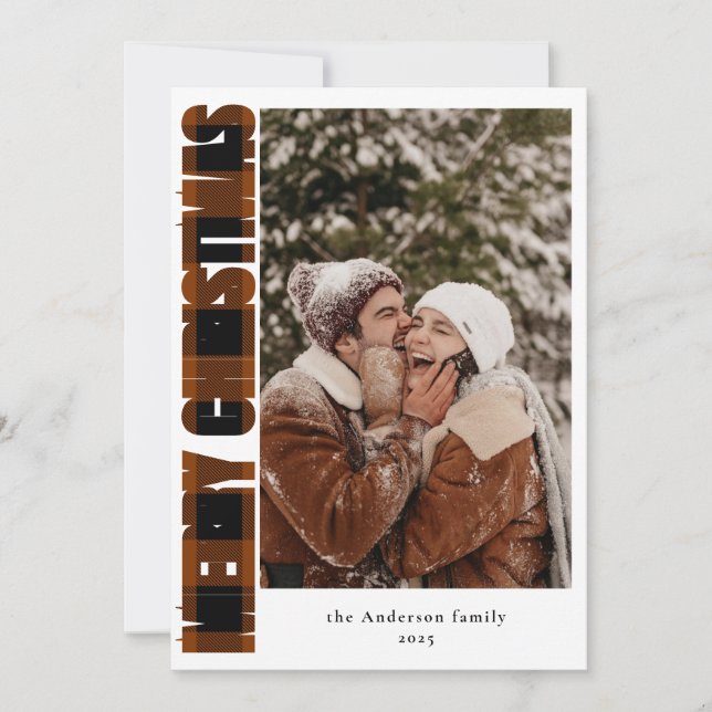 Cartes Pour Fêtes Annuelles Elégante photo Rustique Plaid Joyeux Noël (Devant)