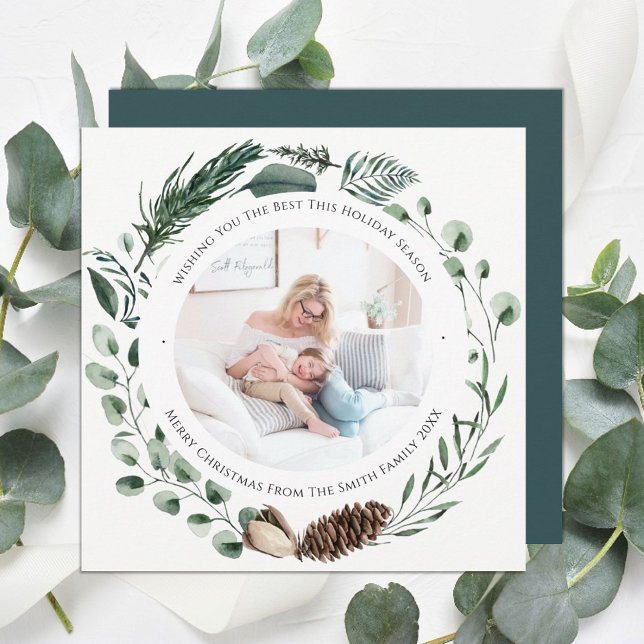 Cartes Pour Fêtes Annuelles Elégante Pin Vert Poudre Wreath Aquarelle Florale (Créateur téléchargé)