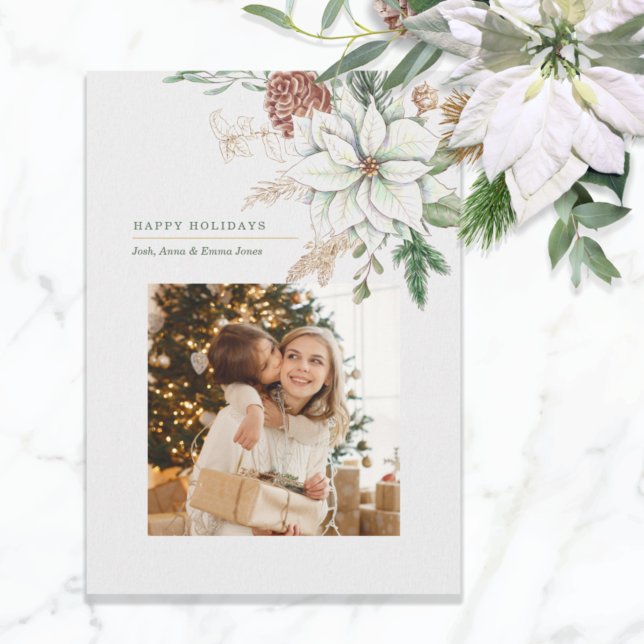 Cartes Pour Fêtes Annuelles Elégante Poinsététie blanche et Pine Photo (Créateur téléchargé)