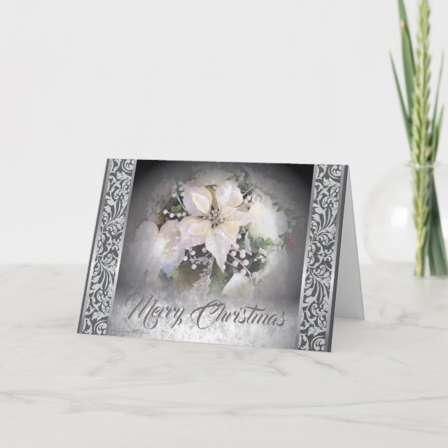 Cartes Pour Fêtes Annuelles Élégante Poinsettie de Noël blanche et argentée (Devant)