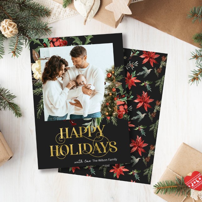 Cartes Pour Fêtes Annuelles Elégante Poinsettie Noir et Or Photo Noël (Créateur téléchargé)