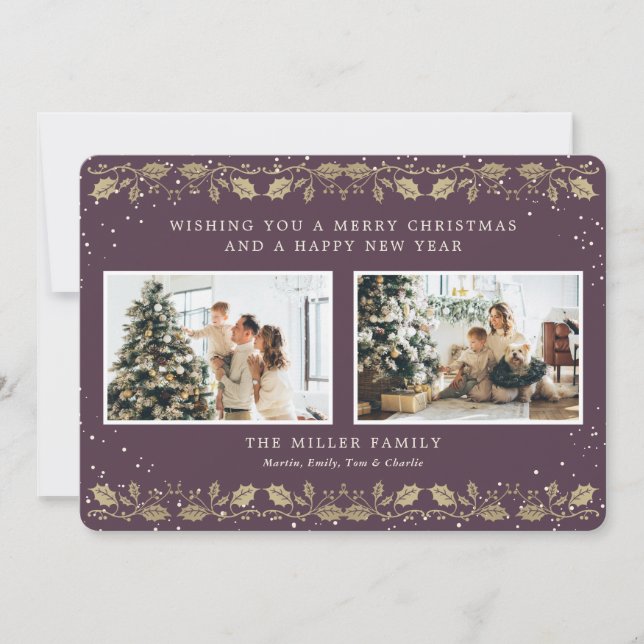 Cartes Pour Fêtes Annuelles Élégante Purple Gold Snow Holly 2 Photo (Devant)