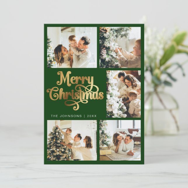 Cartes Pour Fêtes Annuelles Élégante Retro Green & Gold Joyeux Noël Famille (Debout devant)