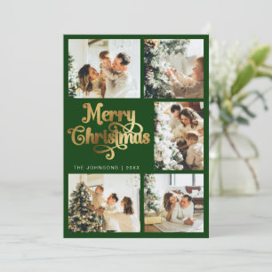 Cartes Pour Fêtes Annuelles Élégante Retro Green & Gold Joyeux Noël Famille