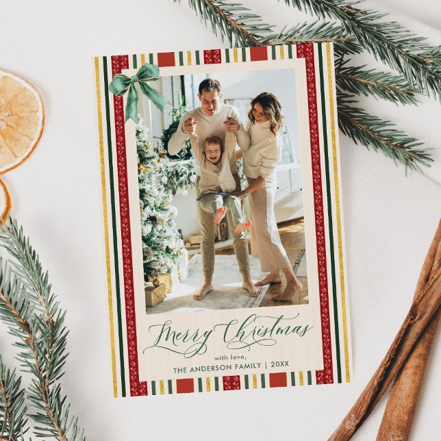 Cartes Pour Fêtes Annuelles Elégante Retro Stripes Bow Joyeux Noël 1 Photo (Créateur téléchargé)