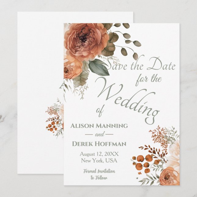 Cartes Pour Fêtes Annuelles Élégante Terracotta Floral Wedding Enregistrer la  (Devant / Derrière)
