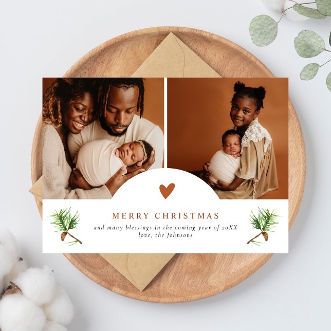Cartes Pour Fêtes Annuelles Élégante Terracotta Heart Pines 2 Photo Noël (Créateur téléchargé)
