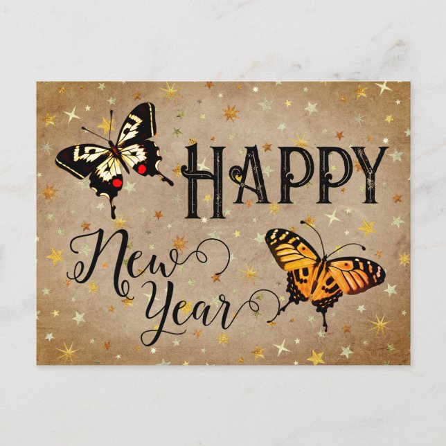 Cartes Pour Fêtes Annuelles Élégante Typographie Papillon Étoiles Rustique Nou (Devant)