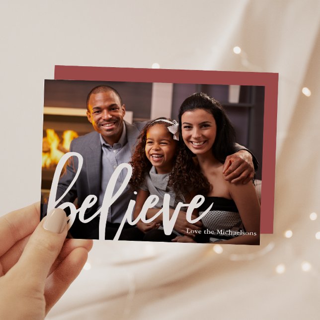 Cartes Pour Fêtes Annuelles Élégante typographie Rose Croire Photo Noël (Créateur téléchargé)
