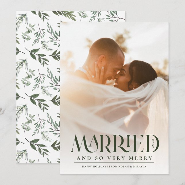 Cartes Pour Fêtes Annuelles Élégante typographie verte mariée Noël photo (Devant / Derrière)