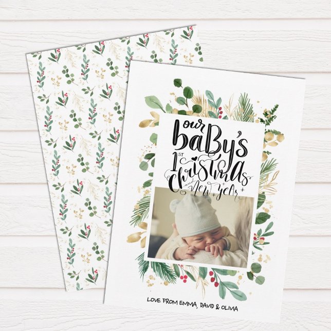 Cartes Pour Fêtes Annuelles Elégante verdure Berry Or Baby First Christmas (Créateur téléchargé)