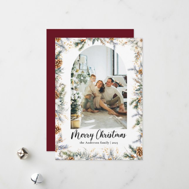 Cartes Pour Fêtes Annuelles Elégante verdure botanique & Arc Noël rouge (Devant/Arrière en situation)