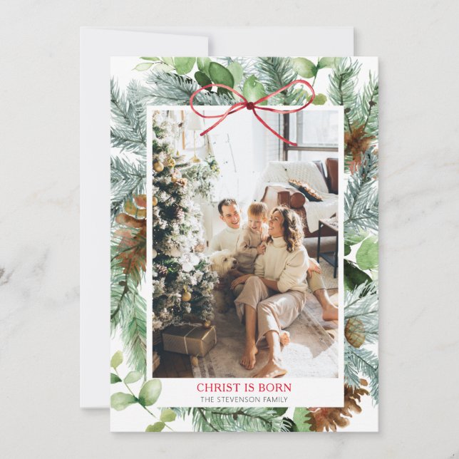 Cartes Pour Fêtes Annuelles Élégante verdure de Noël Christ est né Photo (Devant)